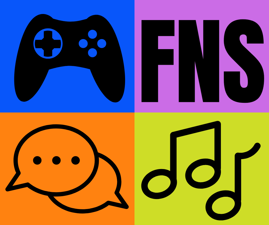 Friday Night Social Logo. A controller, Chat bubbles, and Music notes.